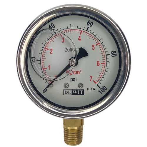 Manometro Industrial Inferior Módelo 2000CBV/Caratula 100mm con Glicerina, Caja Acero Inoxidable - Configurable Rangos de Presión
