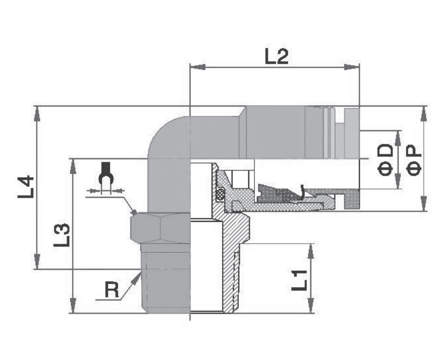 SKU: 01221028 Conexión Neumática codo a 90° Push-In 10mm Ø x R1/4 BSPT Marca Dewit