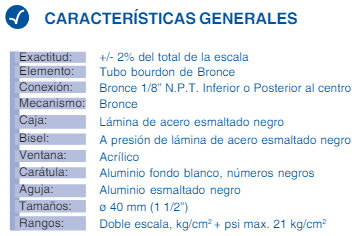 SKU: 05/40/0-7KG/CM2 Manómetro industrial seco 1-1/2"Ø conexión posterior NPT 1/8" rango de 0-7 kg/cm²  Marca Dewit