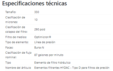 SKU: 1250493 Elemento filtrante hidráulico 10 micrones