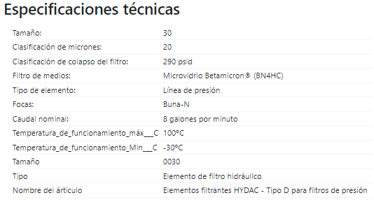 SKU: 1260880 Elemento filtrante hidráulico 20 micrones