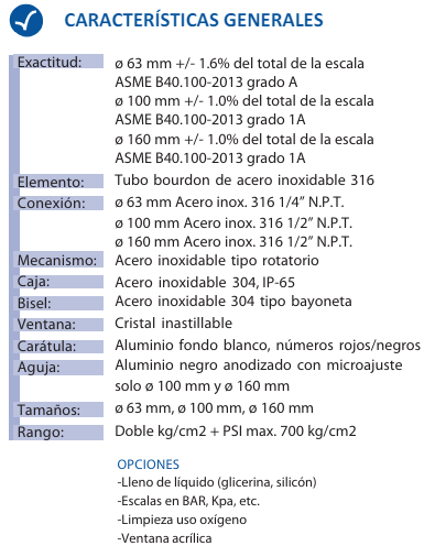 SKU: 2000SS/63/0-100KPA Manómetro industrial en Acero Inox, 304 seco 2-1/2"Ø conexión inferior NPT 1/4" rango de 0-100Kpa Marca Dewit