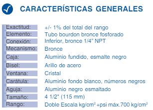 SKU: 231/100/0-400 KG/CM2 Manómetro industrial caja aluminio esmaltado en negros seco caja 4"Ø conexión inferior NPT 1/4" rango de 0-28 kg/cm²  Marca Dewit