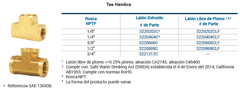 SKU:3220606C Adaptador industrial tee hembra NPT 3/8" X hembra NPT 3/8" X hembra NP. Marca DixonT 3/8" Marca Dixon