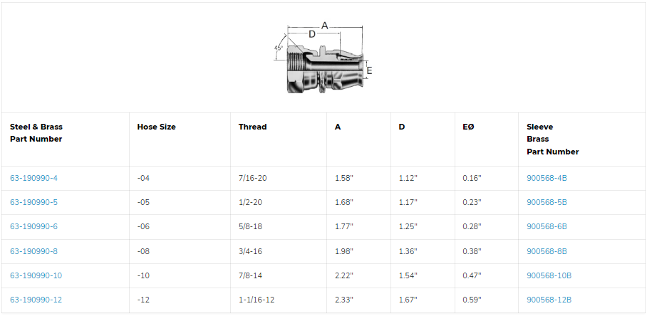 SKU: 63-190990-6 Conexión recta hidráulica en acero al carbon reusable hembra SAE 45° 3/8" X 3/8" Ø tamaño rayal-06 para manguera de 3/8". Marca Aeroquip