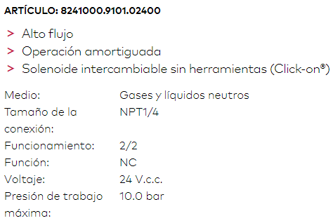 Válvula industrial en linea de proceso eléctrica 24 VCD 2/2 1/4" NPT N.A