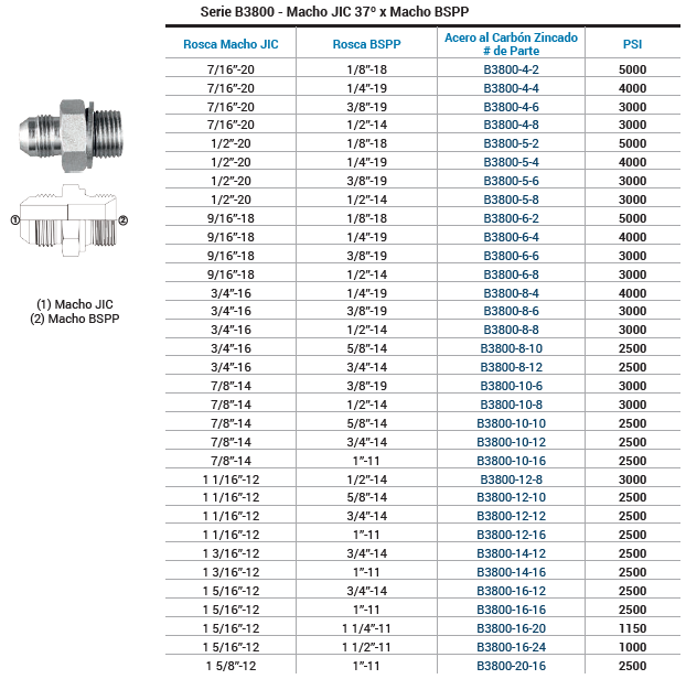 SKU:B3800-16-16 Adaptador Hidráulico recto macho JIC 1" X macho BSPP 1" 2500 psi  Marca Dixon