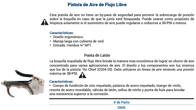 SKU: D605 Pistola neumática para aire  con punta de latón 30 psi Marca Dixon