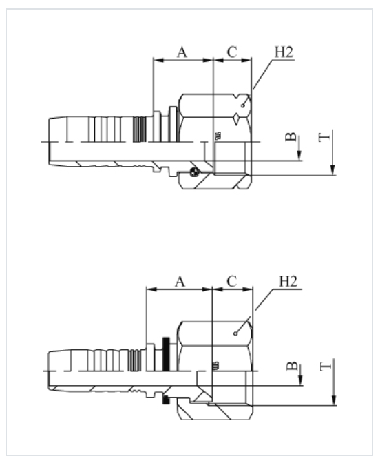 SKU M22512-04-04 Conexión hidráulica espiga prensable recta 1/4" Ø X 1/4" JIC hembra giratoria, para mangueras R1, R2, R7, R8, R12, R16, EN856 con recubrimiento anticorrosión Zinc-Níquel Marca Manuli