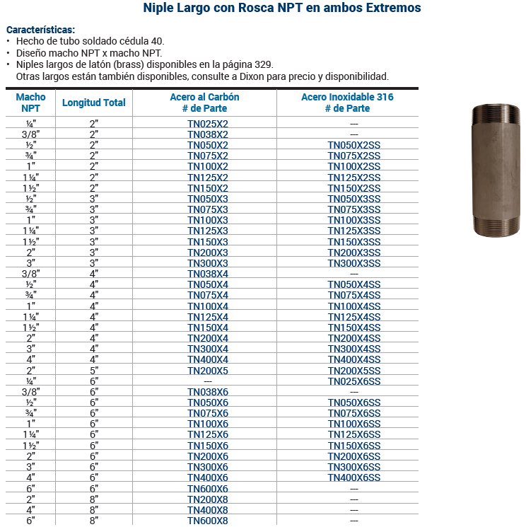 SKU: TN075X4  Niple de latón largo macho NPT 3/4"X macho NPT 3/4". Marca Dixon