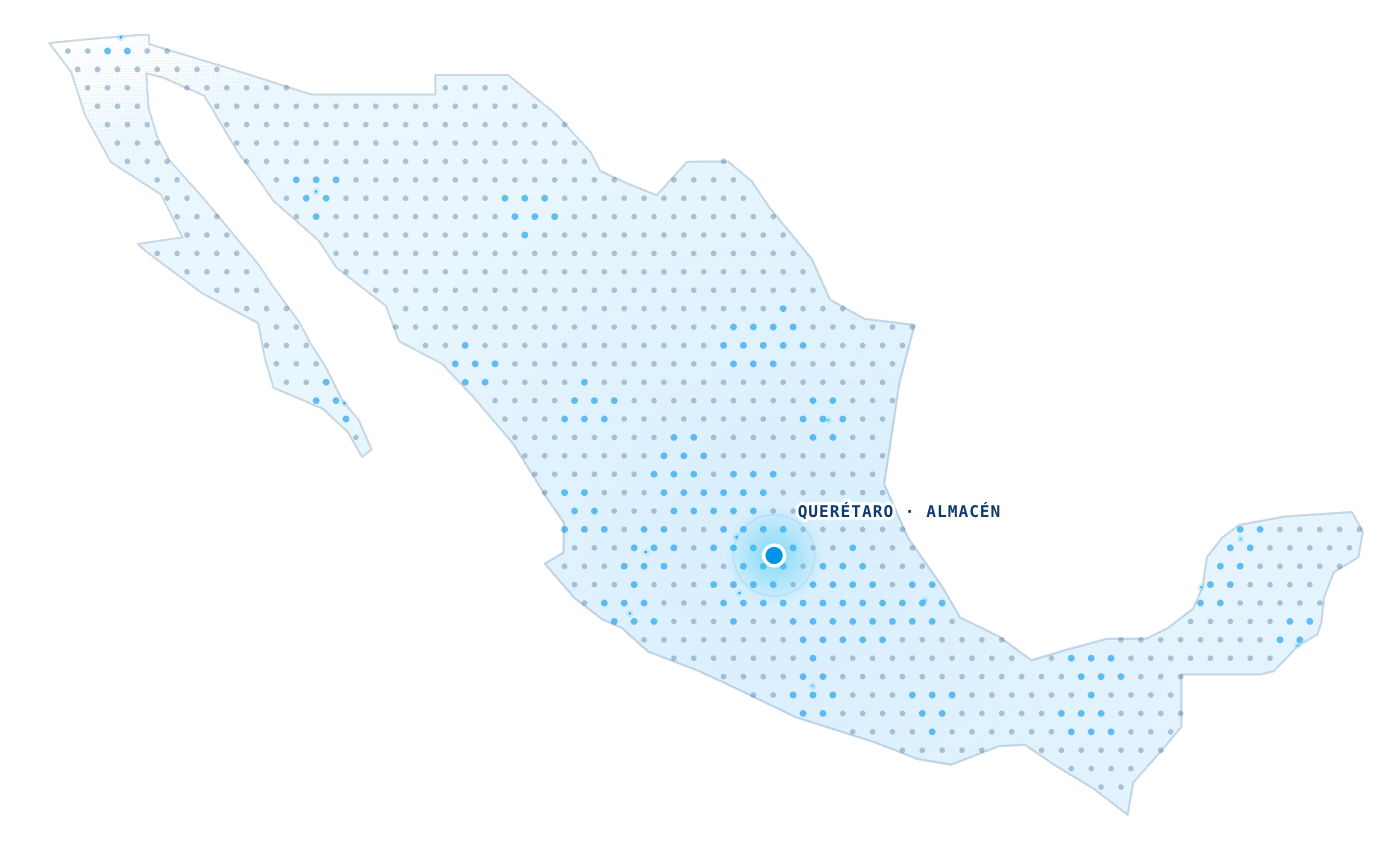 Mapa de México con el almacén de Querétaro como origen de los envíos